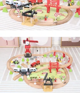 Wooden train track set with electric high-speed train, crane, bridge, and various accessories.