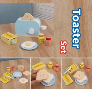 Wooden toy toaster set details, featuring cute miniature kitchen accessories and interactive parts.