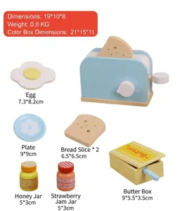 Wooden pretend play toaster kitchen toy set with simulation bread, egg, plates, and jars.