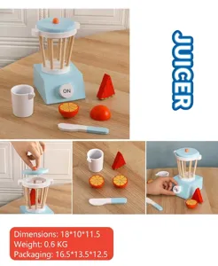 Kids wooden blender toy kitchen pretend play set with fruit slices for toddlers and educational fun.