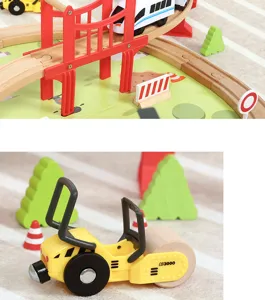Wooden train track toy set detail view featuring bridge and yellow engineering vehicle