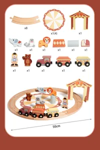 Wooden circus train track set with animals and building blocks for kids early education.