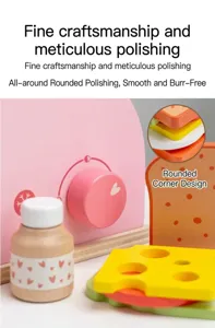 Wooden toy toaster detail shot showing fine craftsmanship, smooth polished edges and colorful accessories.