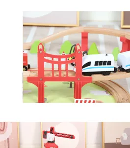 Wooden electric train track set detail, bullet train toy with red bridge and accessories.