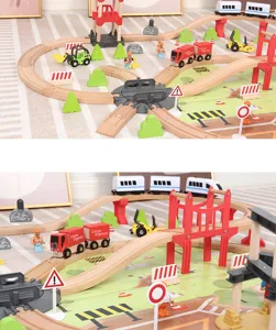 Wooden train track set for kids, safe puzzle toy with bridges, vehicles, and tracks for creative play.