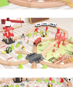 Wooden train track set with electric bullet train, crane, bridge, and figures for kids toys