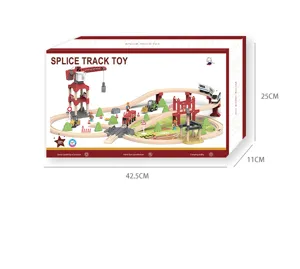 Wooden train track toy details showing packaging box and dimensions for children birthday gift.
