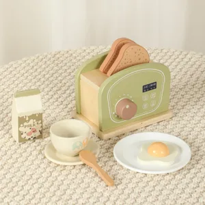 Set di giocattoli per tostapane da cucina di simulazione in legno per bambini con pane e latte.