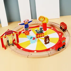 Kids wooden circus train track toy set, educational toddler assembling building playset.