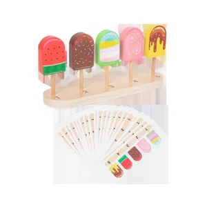 Kids wooden pretend play ice cream toy set with numbered base and matching learning cards.