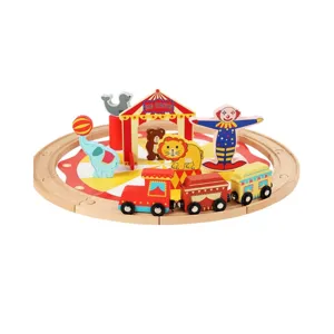 Wooden circus train toy set with tracks, educational puzzle toys for kids and toddlers.