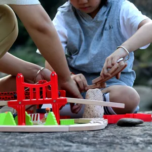 Kids wooden train track toy set with bridge and blocks for creative play and fun