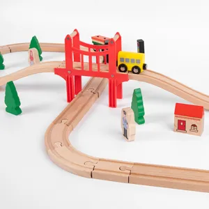 Wooden train set toy with bridge, tracks, and cars for kids learning and fun play time.