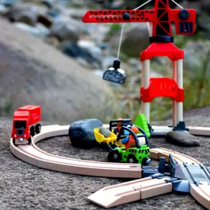 Kids wooden train track toy set with crane truck and forklift for creative toddler play and gifts.