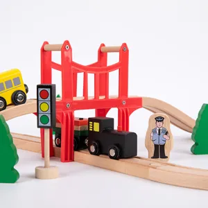 Wooden railway car set with bridge, tracks, and children toys for kids puzzle play.