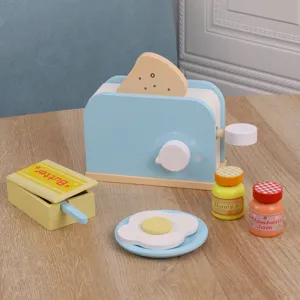 Wooden toaster play set for kids, simulation kitchen toy with bread, butter, jam, and plates.