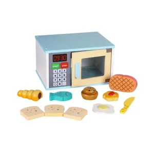 Wooden microwave toy kitchen set for kids, pretend play toy with food accessories, white blue.