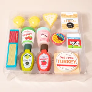 Kids wooden play food set with milk, ice cream, cheese, spaghetti and kitchen toy accessories.