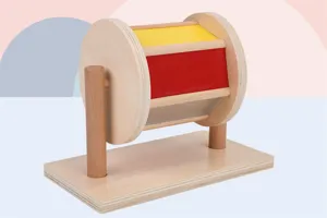 Montessori wooden spinning drum toy for kids early educational color cognition learning tool.