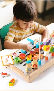 Kids wooden BBQ grill pretend play toy set with realistic food accessories for fun.