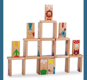 Wooden dominoes building blocks set with cute animal print, educational toy for kids.