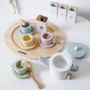 Wooden afternoon tea toy set for kids, wooden kitchen pretend play toys with cups and tray.