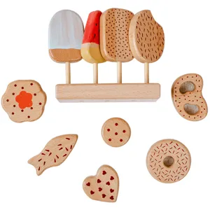 Wooden ice cream and cookie pretend play toy set for kids, safe beech wood kitchen toys.
