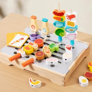 Kids Wooden Pretend Play BBQ Grill Kitchen Toy Set Simulation Barbecue Food Cooking Educational Toys Gift for Children