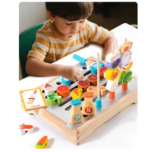 Wooden BBQ Grill Pretend Play Kitchen Food Skewers Interactive Educational Toy Set for Kids