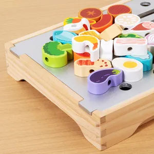 Wooden simulation barbecue kitchen toy set with colorful food pieces for kids interactive play
