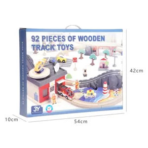 Children wooden train track toy set 92 pieces fire station vehicle gift for kids play
