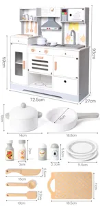Wooden pretend play kitchen toy set with detailed accessories and dimensions for toddlers and kids.