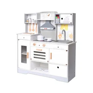 Wooden play kitchen toy set with realistic microwave, stove and sink for kids cooking fun.