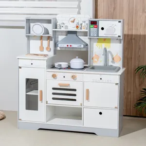Children wooden pretend play kitchen toy set with microwave sink and stove for kids indoor fun