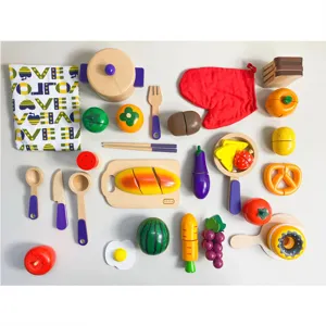 Wooden pretend play kitchen toy set with colorful fruits and vegetables for kids learning.