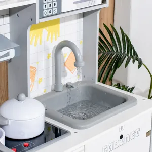 Wooden pretend play kitchen toy with circulating water sink for kids fun cooking games