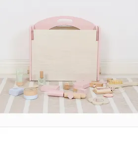 Wooden pretend play makeup toy set for kids, wooden vanity accessories and storage box details.