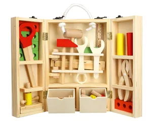 Caja de herramientas de madera juguete para niños, kit de construcción educativo DIY.