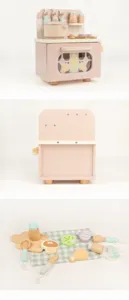 Wooden pretend play kitchen toy set with pink stove, pots and cute cooking accessories for kids.
