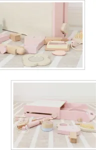 Detailed view of wooden makeup vanity toy set, pastel educational play cosmetics for kids.