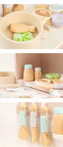 Wooden play kitchen toy set for kids, pretend cooking food toys with pots and utensils.