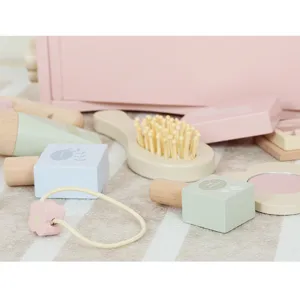 Wooden pretend makeup toy detail, safe wooden brush and cute blocks for kids play.