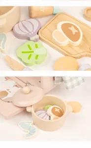 Wooden kitchen pretend play toy set with cutting board, vegetables and pot for kids cooking.