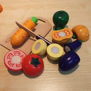 Wooden cutting toys set pretend play kitchen food fruits vegetables for kids learning.