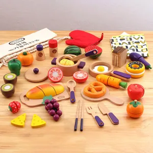 Wooden pretend play kitchen set children cutting fruits vegetables toys for girls birthday gift