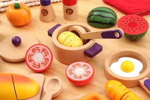 Wooden kitchen toy set detail, wooden cutting vegetables fruits toy and cooking pot accessories.
