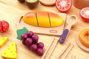 Wooden pretend play kitchen toy set for kids, realistic fruit cutting toys with board.