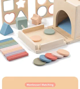 Montessori wooden sorting box and shape matching toy set for early education kids.