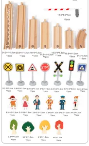 Set di accessori per binari ferroviari in legno con varie piste, segnali e statuette.