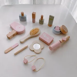 Wooden pretend play makeup and hair styling toy set for kids, safe interactive gifts for girls.